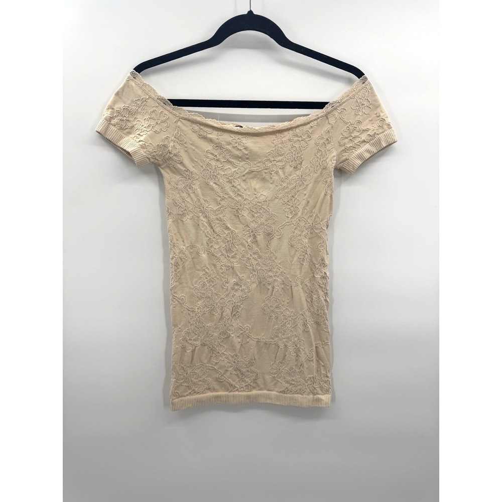 XXI VTG Y2K Top Medium Nude Off Shoulder Stretch Floral Slim Lace Retro Cottage